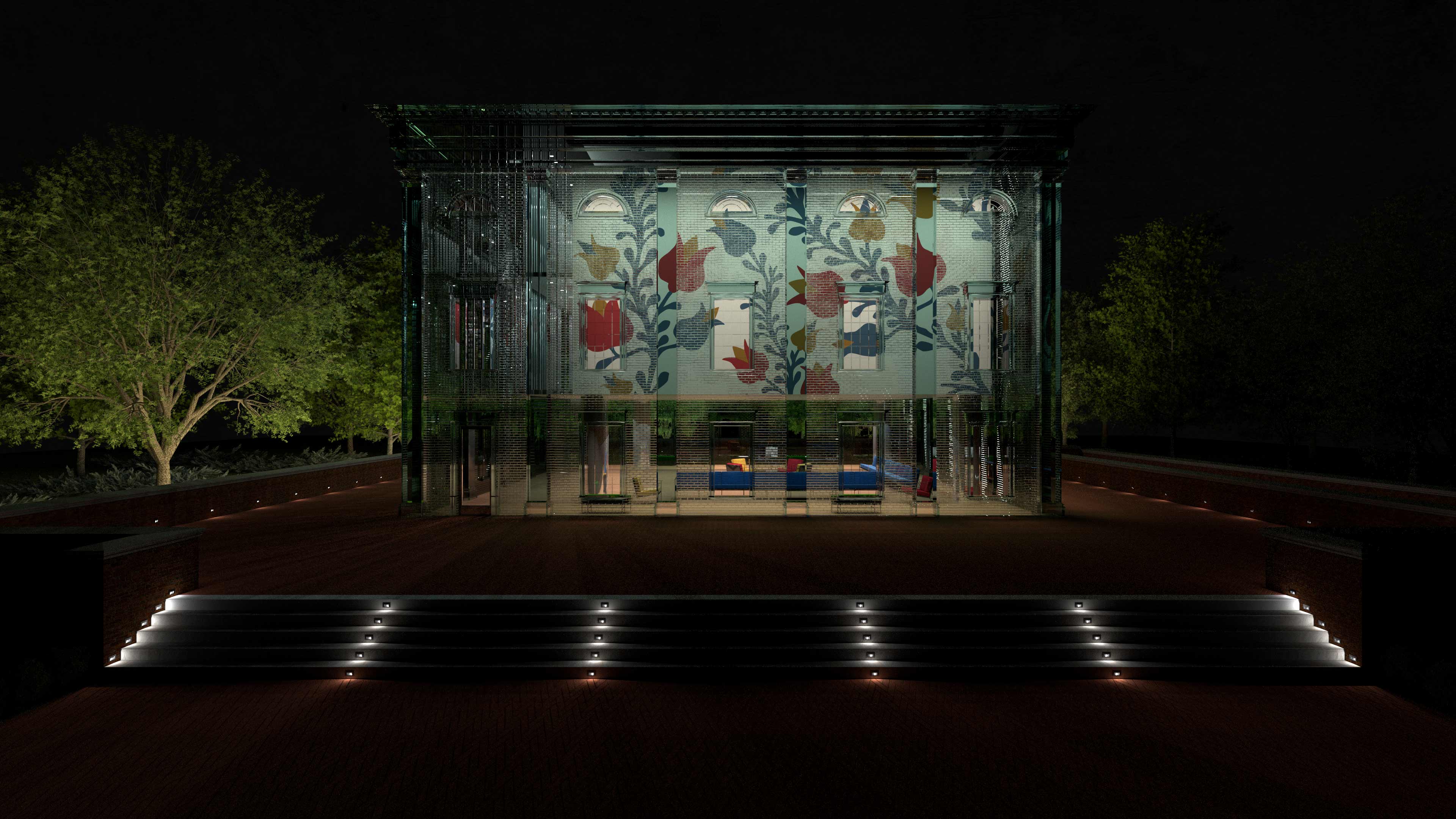 Crystal Pavilion front render from the Lawn at the University of Virginia (UVA)